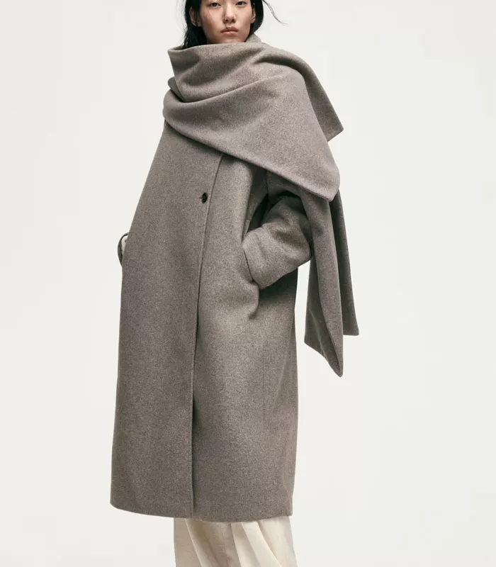 manteau echarpe hm Manteau long beige chiné avec écharpe intégrée H&M femme hiver 2026-2027