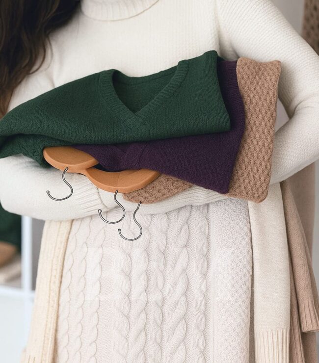 Femme tenant des vêtements d’hiver tendance dans des tons vert olive, aubergine et beige café