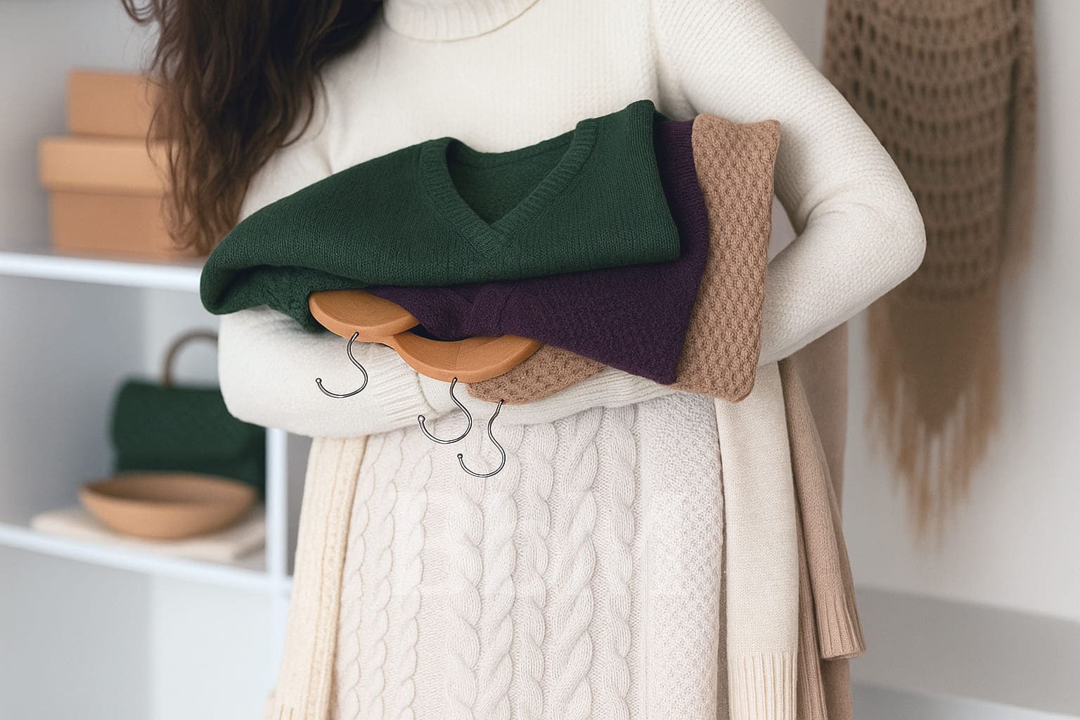 Femme tenant des vêtements d’hiver tendance dans des tons vert olive, aubergine et beige café