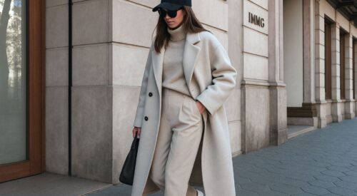 Femme stylée en manteau beige oversize et casquette noire marchant dans une rue élégante en hiver.