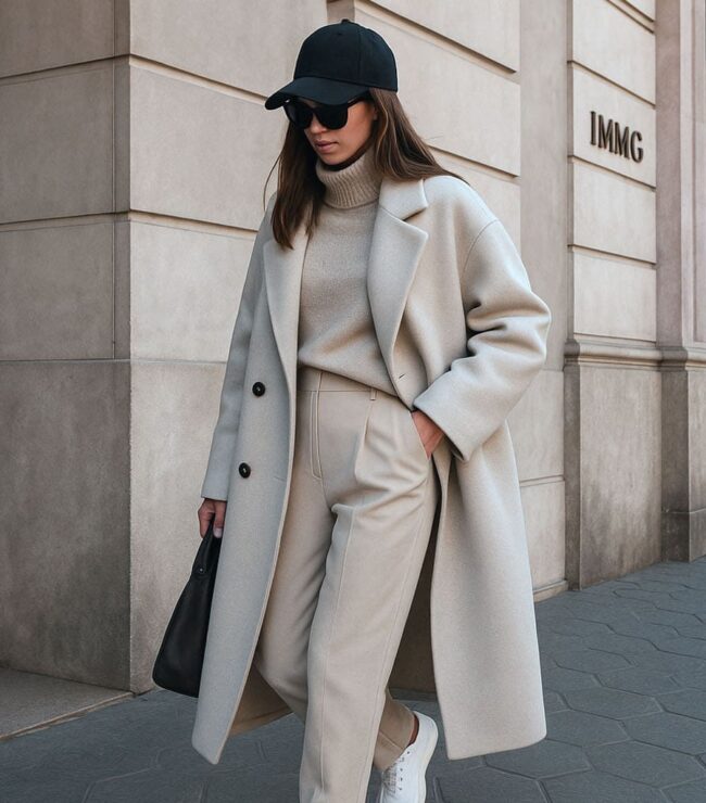 Femme stylée en manteau beige oversize et casquette noire marchant dans une rue élégante en hiver.