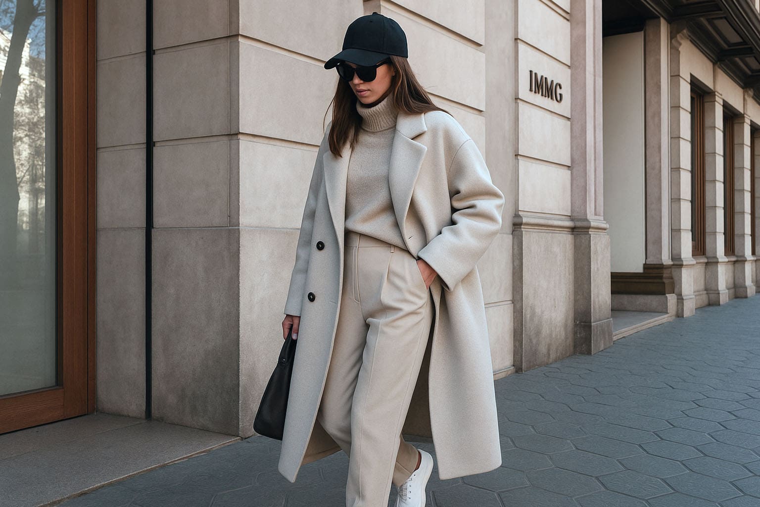 Femme stylée en manteau beige oversize et casquette noire marchant dans une rue élégante en hiver.