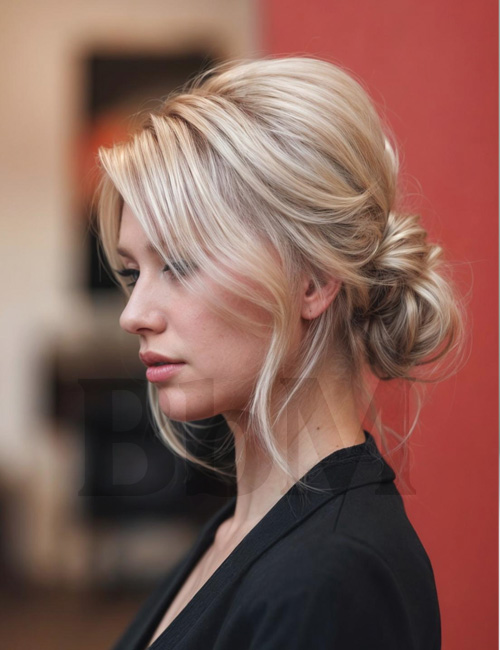 chignon bas coiffure femme moderne cheveux fins maman bebymaman Chignon bas flou sur cheveux fins avec mèches autour du visage