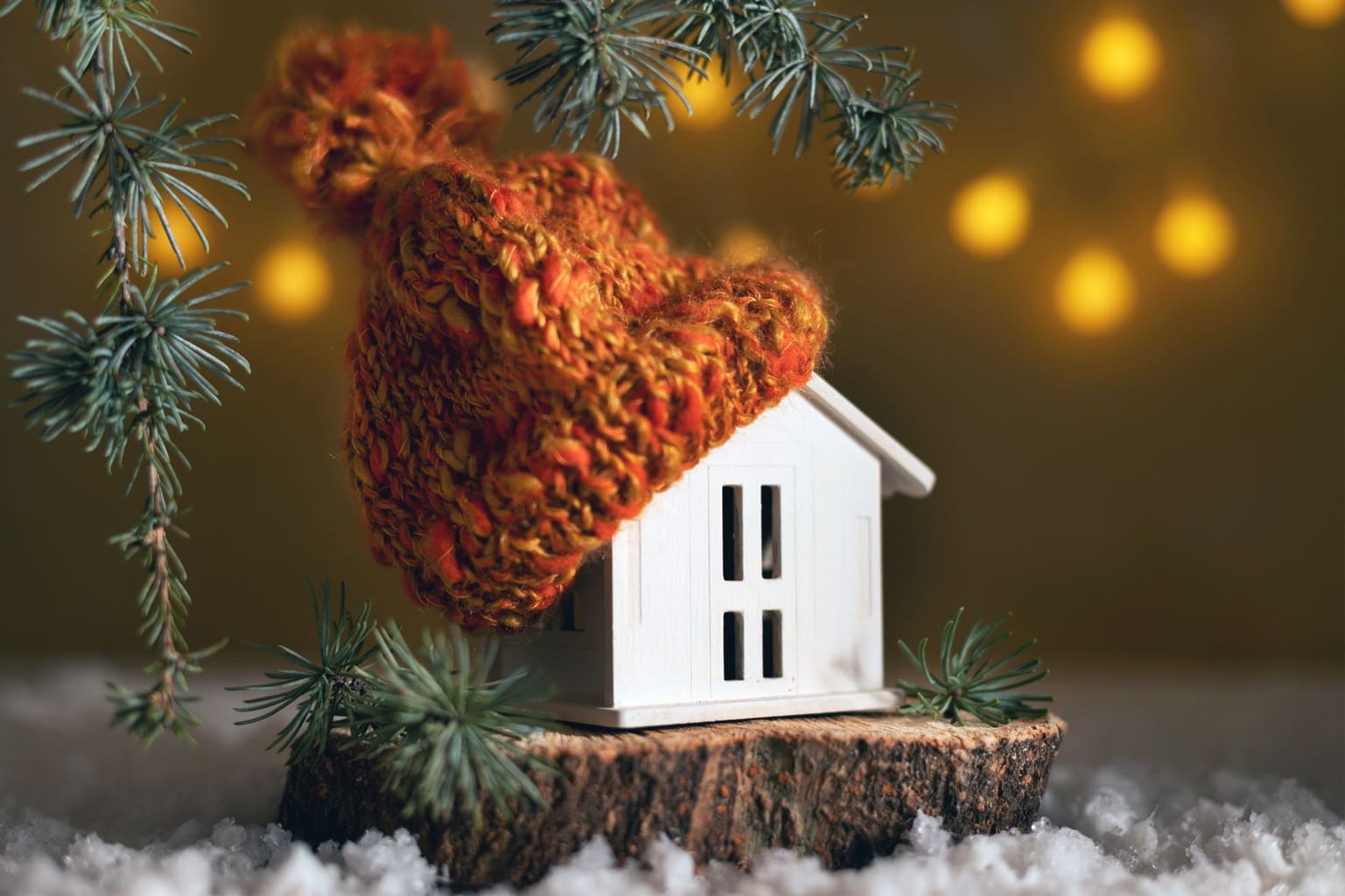 Maison miniature en hiver avec bonnet tricoté orange, symbole de slow home et de cocooning familial.