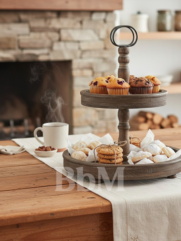 PRESEN1 Présentoir à pâtisserie en bois avec gâteaux faits maison, ambiance rustique chic et conviviale