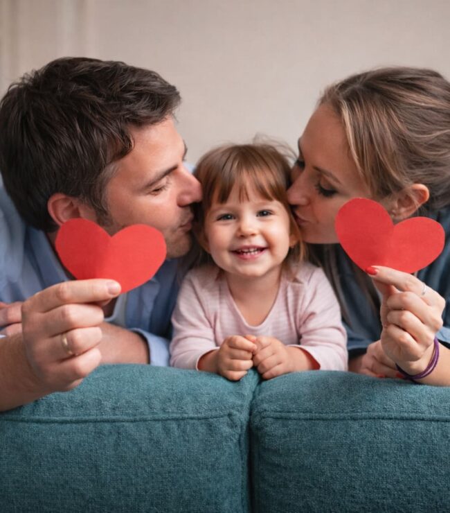 Famille souriante célébrant la Saint-Valentin à la maison, parents et enfant appuyés sur le dossier d’un canapé, partageant un moment complice