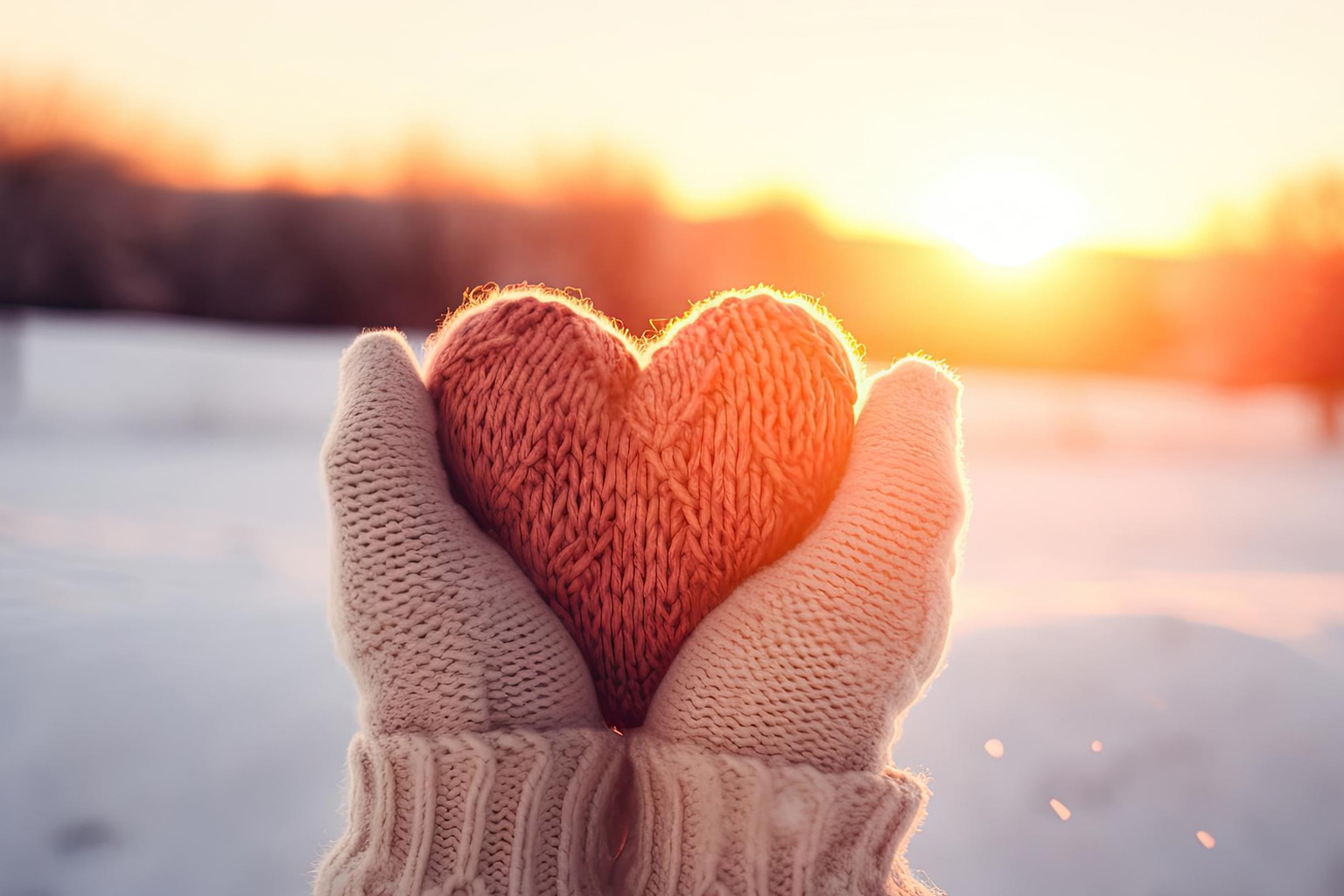 Mains gantées tenant un cœur en laine face à un paysage hivernal au lever du soleil, symbole de douceur et de recentrage en février.