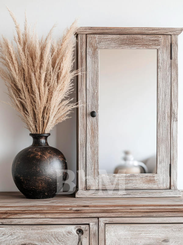 armoire miroir vintage idee decoration maison rustique chic campagne elegant amengement interieur bebymaman Armoire miroir en bois patiné au style rustique chic, posée sur un meuble ancien avec vase en céramique et herbes séchées