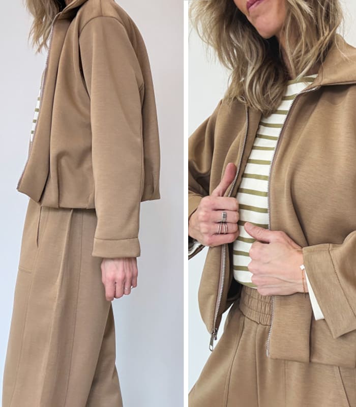 boutiqueintemporelle tendance veste femme printemp ete 2026 bebymama Veste tendance femme camel zippée avec col à revers rétro, modèle Juliano Boutique Intemporelle printemps-été 2026