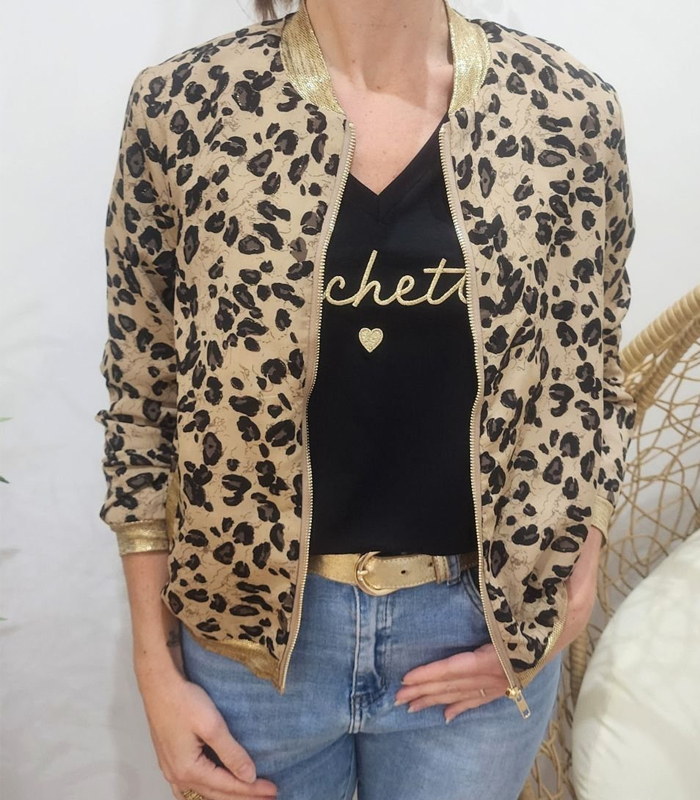 coindesfilles tendance veste femme printemp ete 2026 bebymama Bomber tendance femme léopard taupe et noir à paillettes dorées, veste Coindesfilles printemps-été 2026