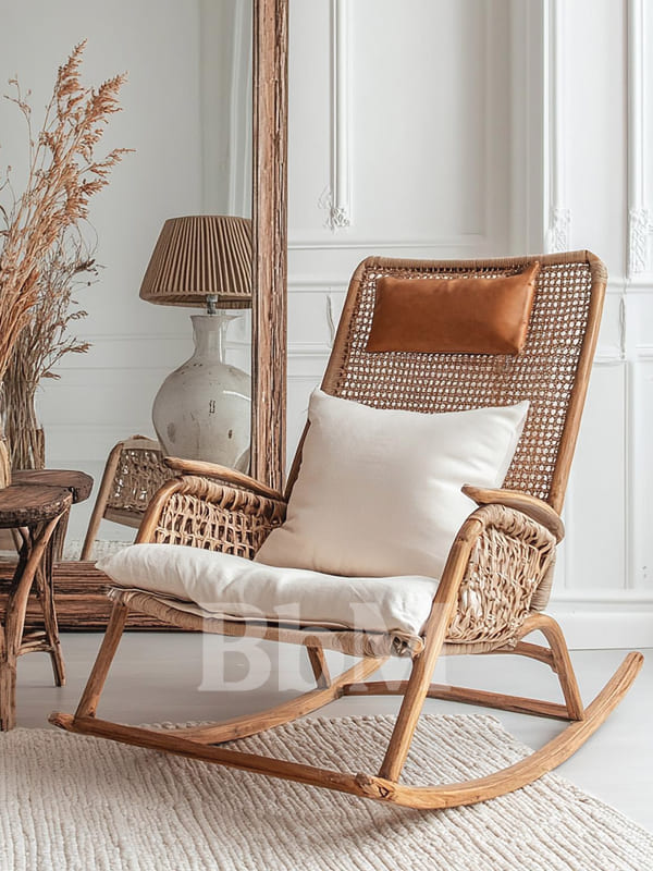 fauteuil bascule decoration maison rustique chic campagne elegant amengement interieur bebymaman Fauteuil à bascule en bois et cannage dans un intérieur rustique chic et slow home
