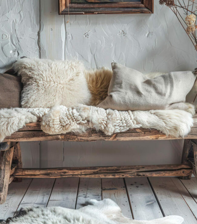 Banc en bois patiné avec coussins et plaids en matières naturelles, ambiance rustique chic et maison de famille