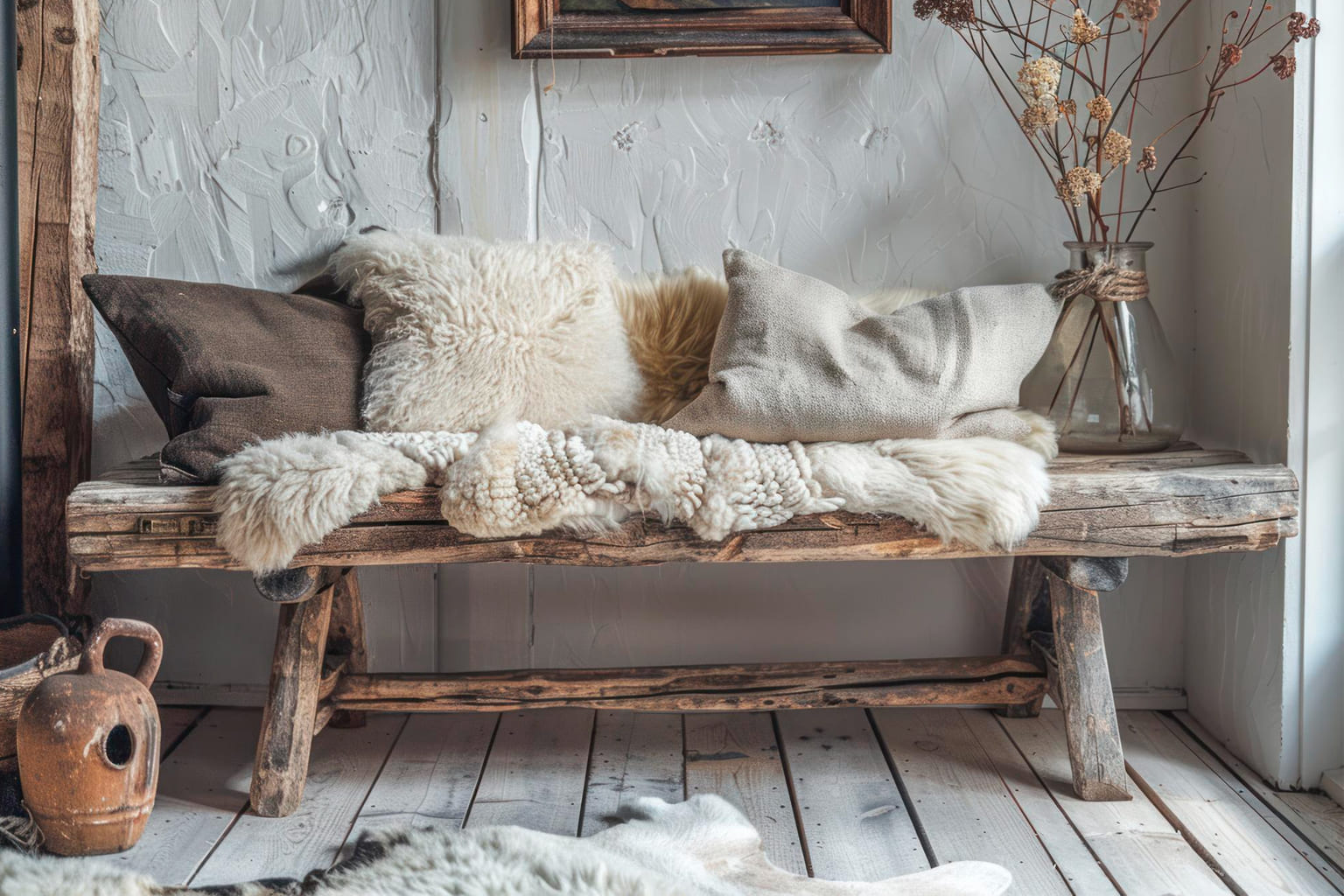 Banc en bois patiné avec coussins et plaids en matières naturelles, ambiance rustique chic et maison de famille