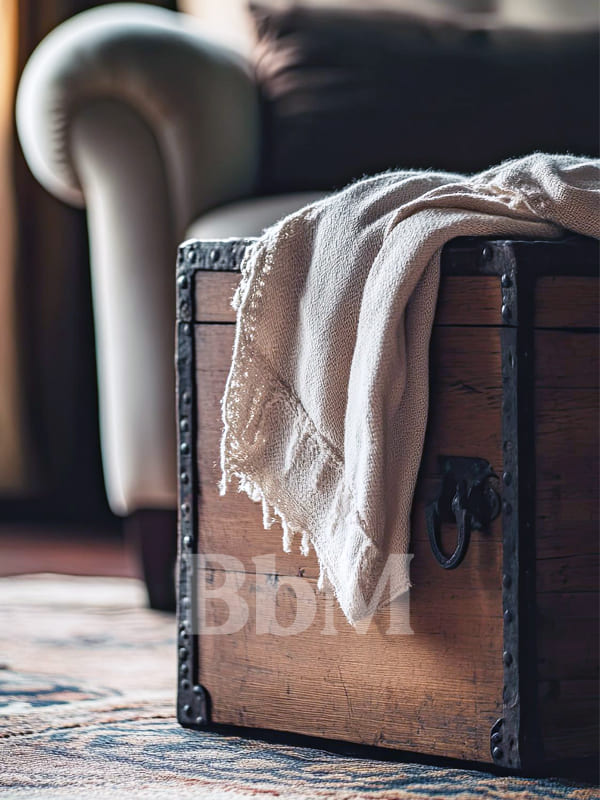 old box malle vintage idee decoration maison rustique chic campagne elegant amengement interieur bebymaman Malle ancienne en bois patiné avec plaid en lin, ambiance rustique chic dans une maison de famille à la campagne