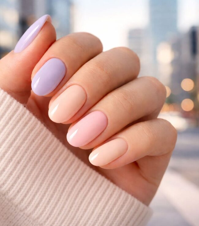 Manucure pastel printemps 2026 avec ongles aux couleurs douces et look citadin