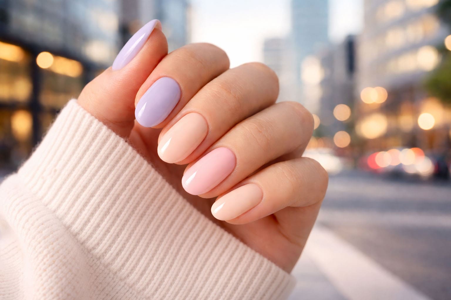 Manucure pastel printemps 2026 avec ongles aux couleurs douces et look citadin