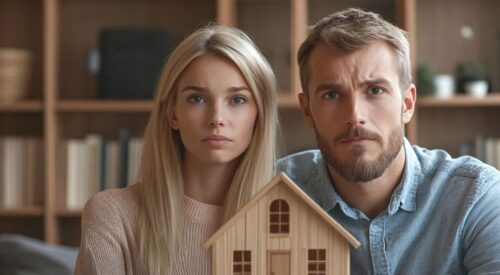 Couple assis côte à côte tenant une maison en bois, illustrant la stabilité du couple et les questionnements émotionnels