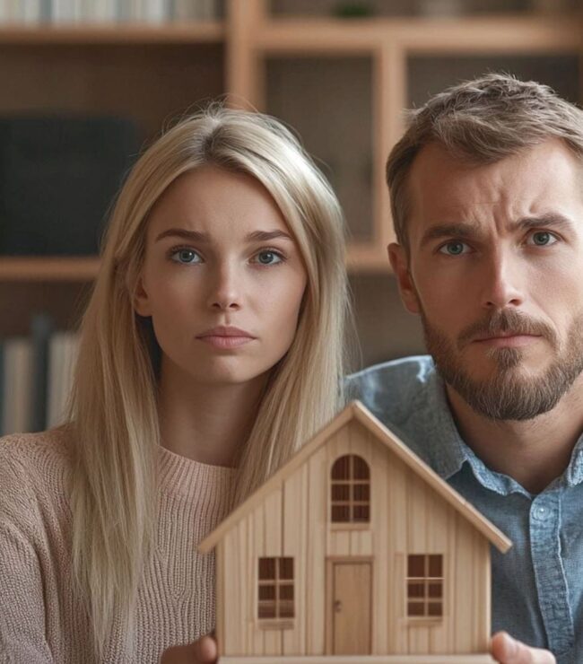 Couple assis côte à côte tenant une maison en bois, illustrant la stabilité du couple et les questionnements émotionnels