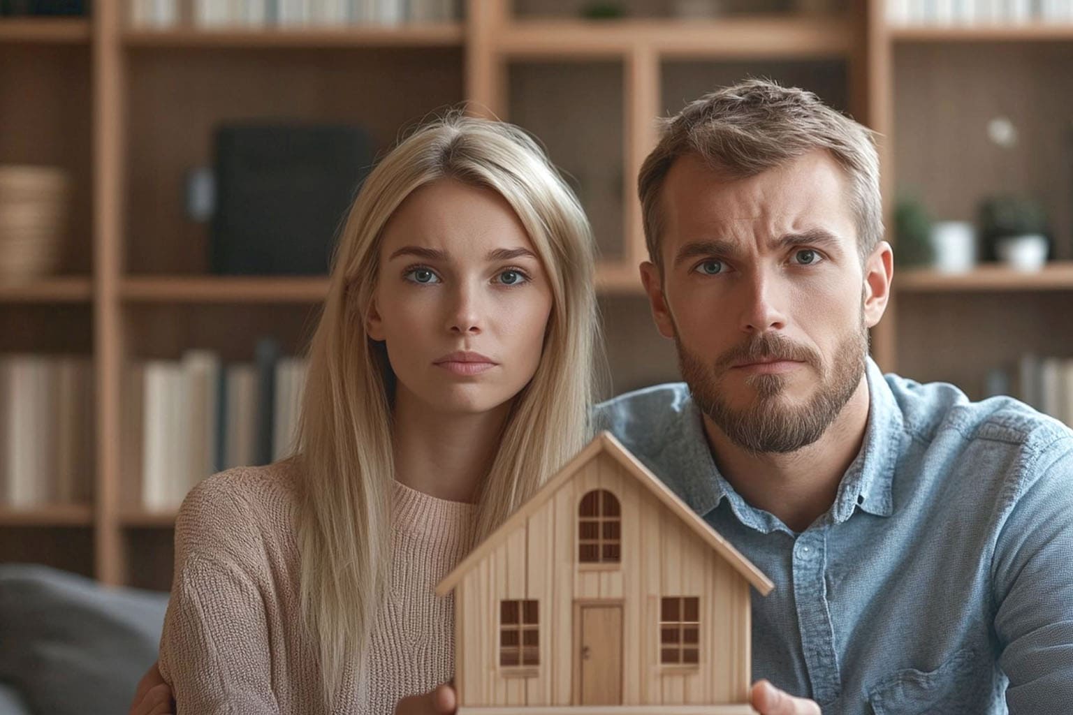 Couple assis côte à côte tenant une maison en bois, illustrant la stabilité du couple et les questionnements émotionnels