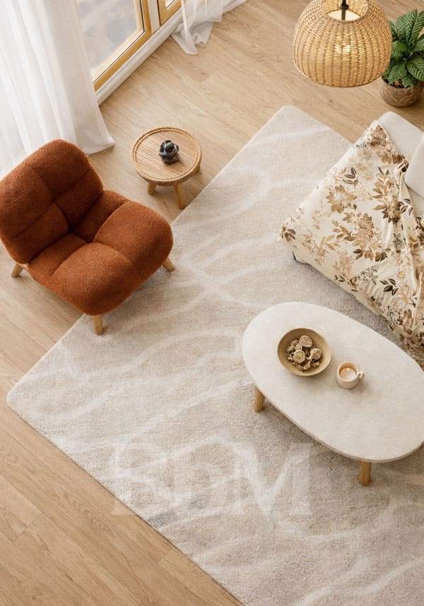 ambiance appartement parisien chic maison de famille decoration interieur bebymaman Salon lumineux aux tons terre avec parquet en chêne droit, canapé beige clair, fauteuil terracotta, table basse ovale crème, tapis texturé aux motifs organiques, suspension en fibres naturelles et grande plante verte décorative.