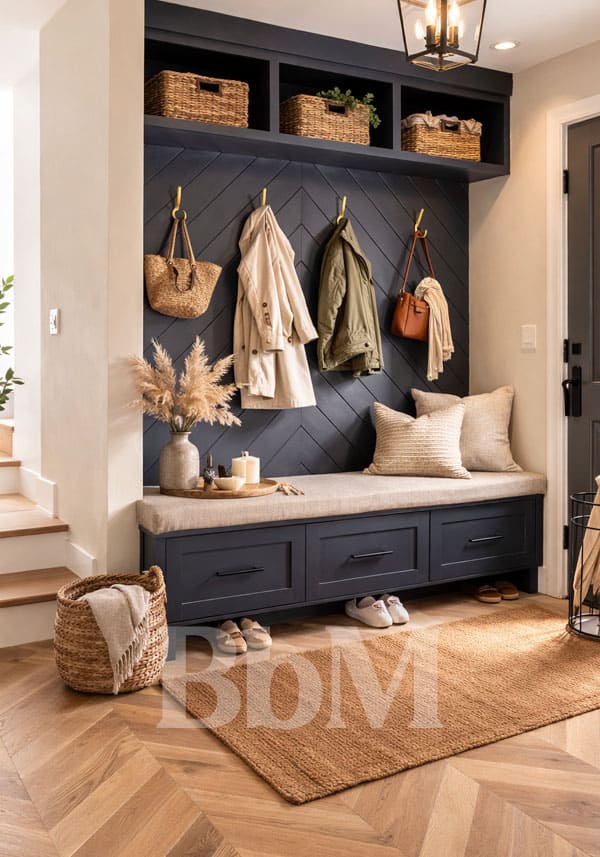 amenagement entree maison de famille decoration interieur bebymaman Entrée de maison familiale aménagée avec un meuble sur mesure bleu nuit, assise en beige feutré, mur en chevrons, patères dorées, paniers tressés, porte d’entrée fermée à la française, paillasson marron oversize sur parquet clair et porte-parapluie en fer forgé dans une ambiance douce et organisée.