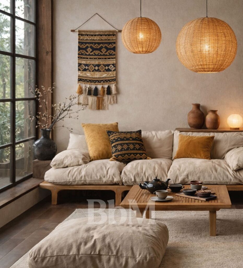 chine asiatique decoration inspiration interieur nomad chic bebymaman Salon Nomad chic inspiration Chine avec canapé bas beige, suspensions rondes colorées et poteries en terre cuite – Be by Maman