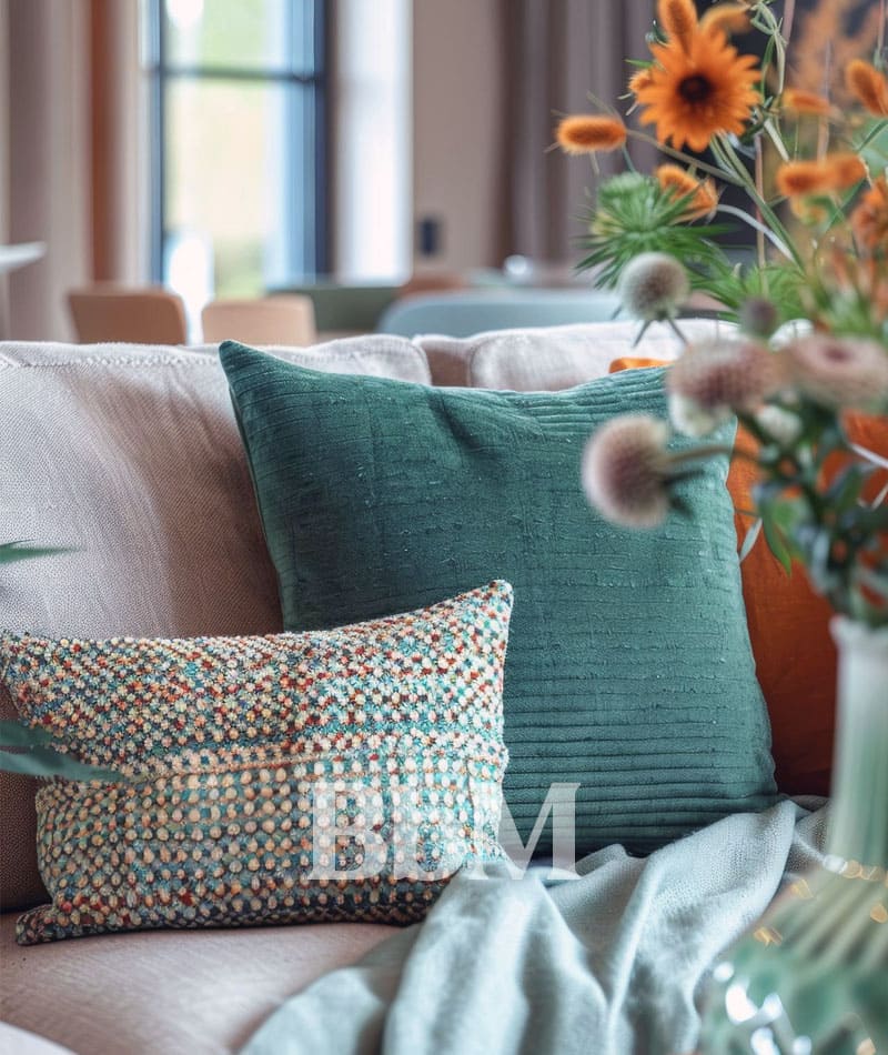 deco coussin nature maison printemps goodvibes bebymaman Canapé clair décoré de coussins aux tons verts et terracotta et d’un plaid léger, créant une ambiance douce et printanière dans le salon.