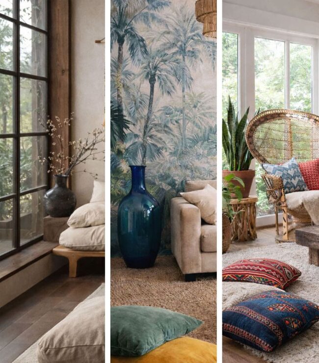 Collage de salons style Nomad chic inspiration Pérou, Riviera, Inde, Berbère et Chine – Be by Maman