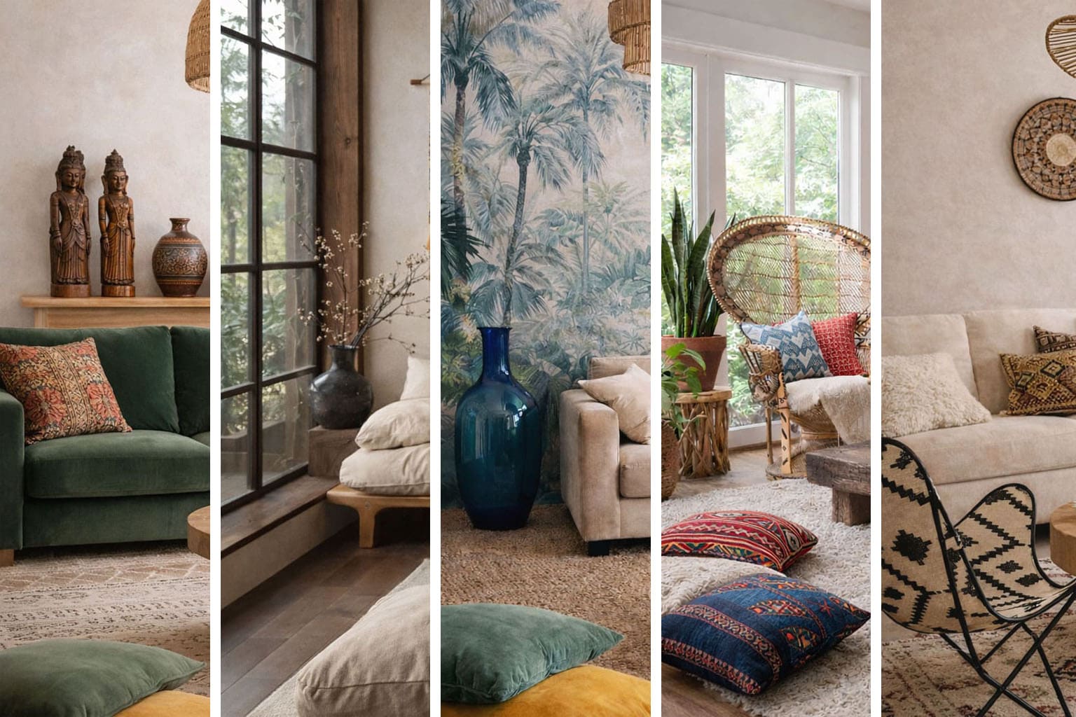 Collage de salons style Nomad chic inspiration Pérou, Riviera, Inde, Berbère et Chine – Be by Maman