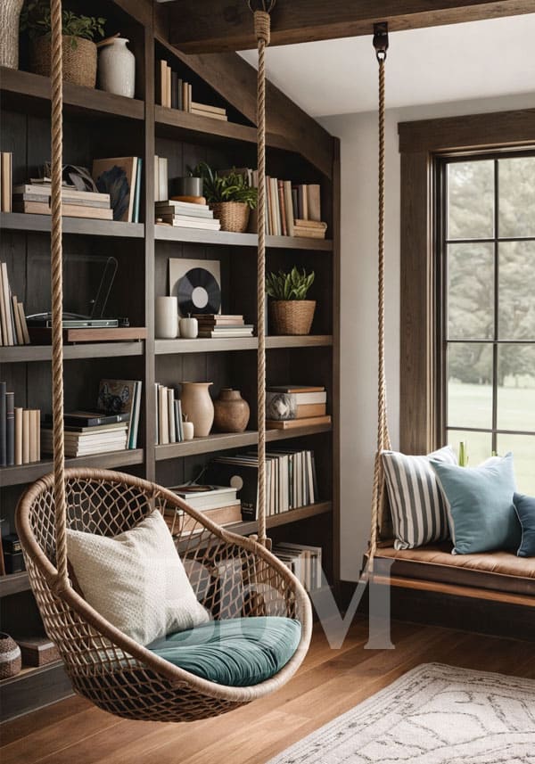 etagere detente fauteuil suspendu maison de famille decoration interieur bebymaman Coin lecture nomad chic avec bibliothèque en bois foncé partiellement garnie de livres et accessoires décoratifs, platine vinyle intégrée aux étagères, disques vinyles exposés, fauteuil suspendu en rotin, banquette en bois avec coussins et ambiance chaleureuse.