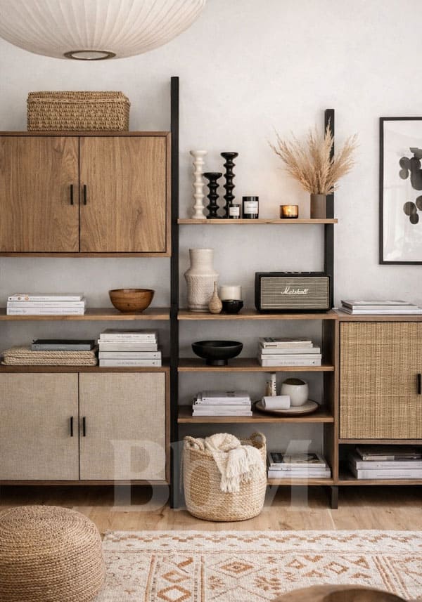 etagere rangements maison de famille decoration interieur bebymaman Bibliothèque murale esprit nomad chic mêlant rangements fermés en bois et cannage, étagères ouvertes en bois naturel, paniers en osier, textiles en laine et jute, décoration aux tons chauds et matières naturelles dans un salon lumineux.