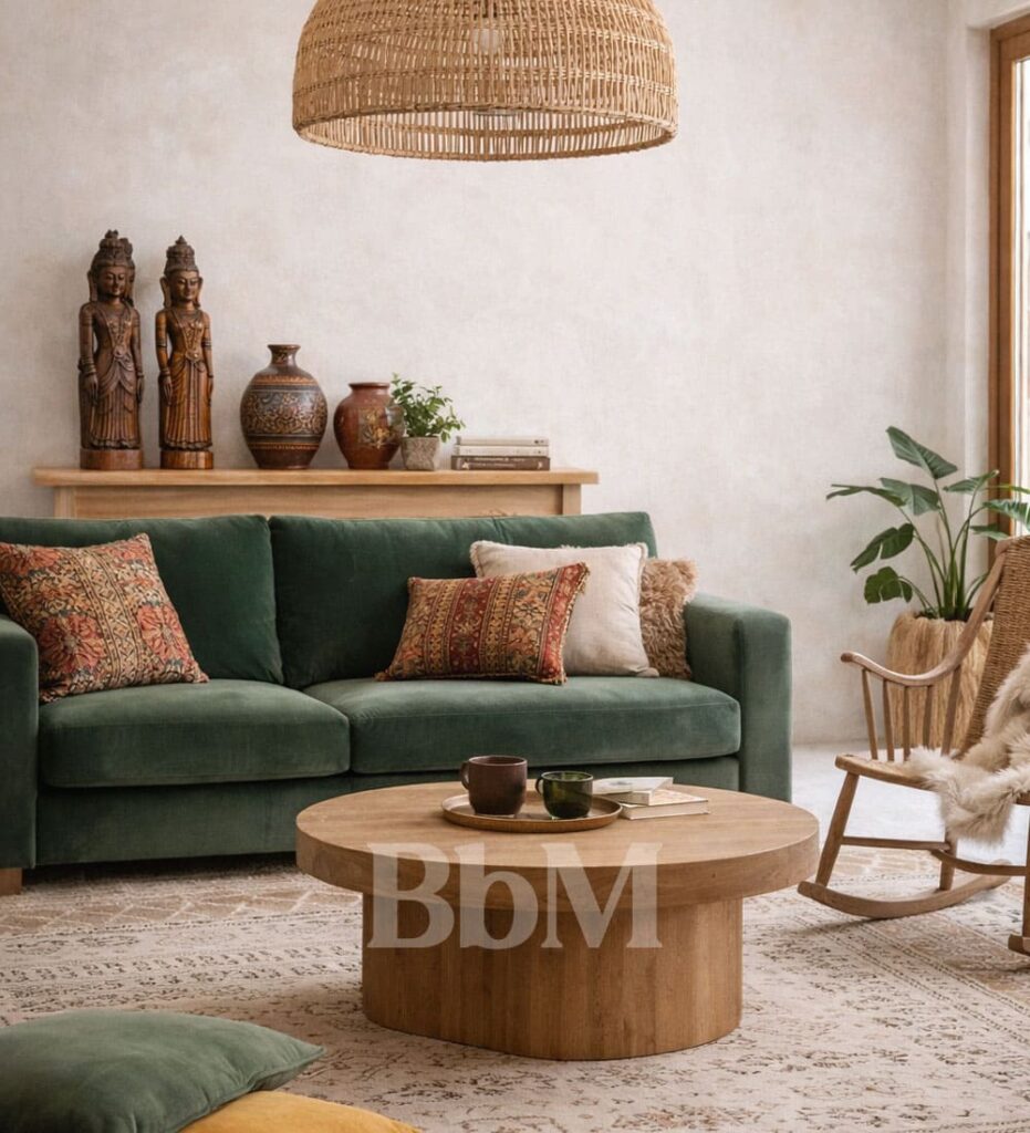 inde couleurs voyage decoration inspiration interieur nomad chic bebymaman Salon Nomad chic destination Inde avec canapé vert velours, poteries indiennes sur console en chêne et suspension rotin oversize – Be by Maman