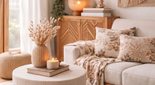 Bannière déco nomad chic montrant un coin de salon chaleureux avec canapé beige, coussins à motifs floraux terre, meuble en bois et cannage, suspension en fibres naturelles, pouf en maille, vase en osier avec herbes séchées et bougie allumée sur table basse.