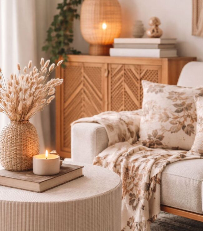 Bannière déco nomad chic montrant un coin de salon chaleureux avec canapé beige, coussins à motifs floraux terre, meuble en bois et cannage, suspension en fibres naturelles, pouf en maille, vase en osier avec herbes séchées et bougie allumée sur table basse.