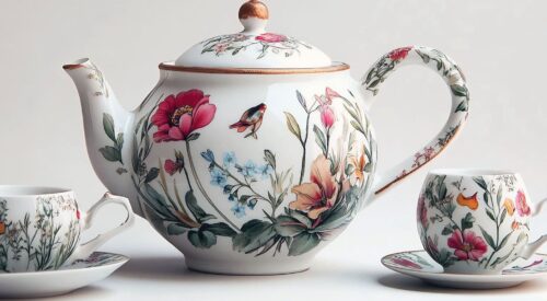 Collection de porcelaine élégante composée d’une théière, de tasses et de soucoupes blanches et délicatement décorées, dans une ambiance vintage chic et lumineuse.
