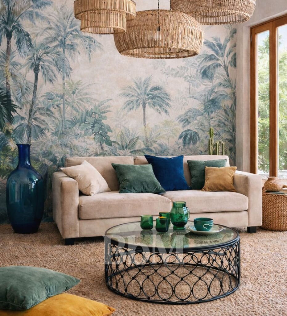 riviera salon decoration inspiration interieur nomad chic bebymaman Salon Nomad chic Riviera avec papier peint panoramique végétal bleu et vert, baie vitrée en bois et sol en jonc de mer – Be by Maman