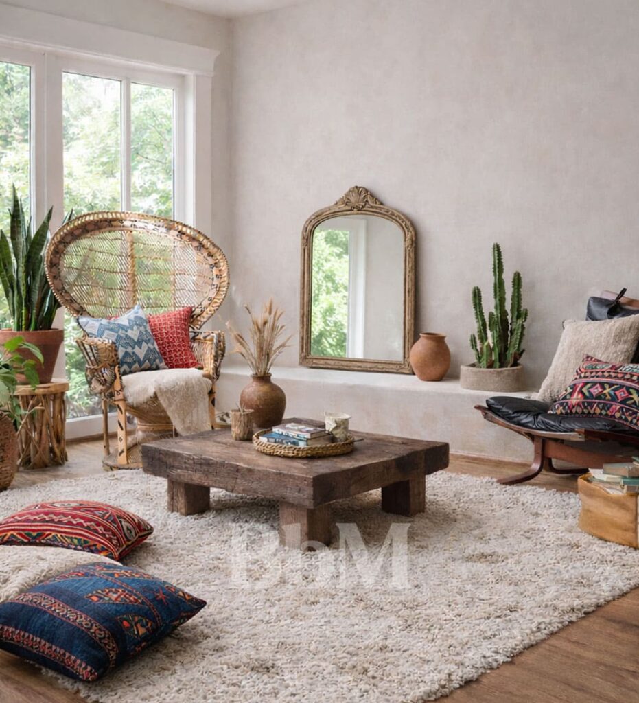 salon colore tapis beige decoration inspiration interieur nomad chic bebymaman Salon Nomad chic destination Pérou avec parquet bois, tapis beige, miroir vintage posé au sol et coussins aux motifs péruviens colorés – Be by Maman