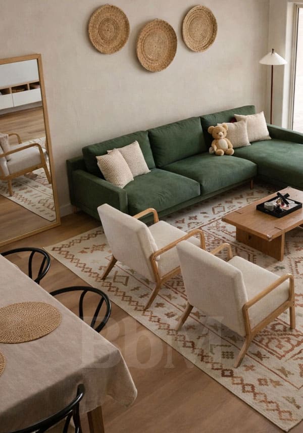 tapis peruvien maison de famille decoration interieur bebymaman Salon de maison familiale aux murs beige grisé avec canapé vert profond, fauteuils beige clair, tapis à motif ethnique péruvien, décoration murale en rotin, miroir rectangulaire à bords droits, table basse en bois et espace salle à manger avec nappe beige et chaises bistrot noires.