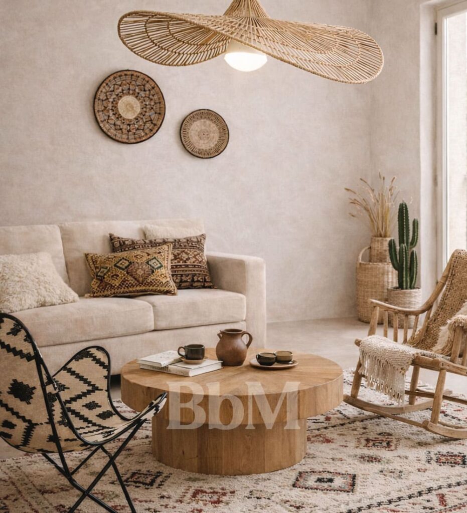 voyage berbere afrique decoration inspiration interieur nomad chic bebymaman Salon Nomad chic destination berbère avec murs beige clair, suspension rotin sculpturale et tapis berbère rouge, noir et beige – Be by Maman