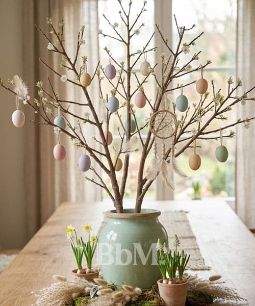 activite de paques en famille arbre de paques Arbre de Pâques décoré avec œufs pastel suspendus dans un vase, décoration de table printanière