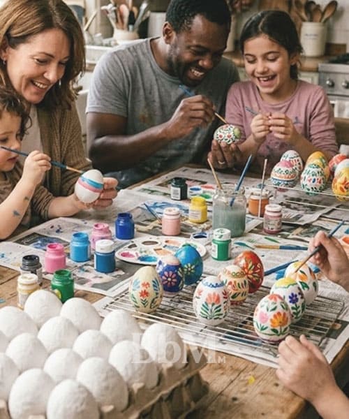 activite de paques en famille atelier diy decoration oeufs Famille en train de peindre des œufs de Pâques colorés autour d’une table