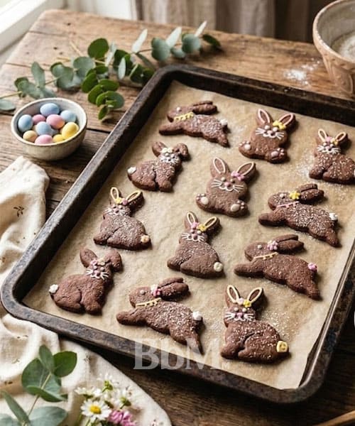 activite de paques en famille biscuit lapin Biscuits de Pâques en forme de lapins au chocolat sur une plaque de cuisson