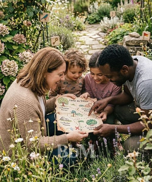 activite de paques en famille chasse au tresor Famille jouant à une chasse au trésor de Pâques dans un jardin avec une carte