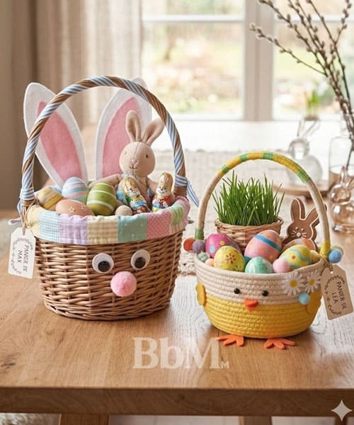 activite de paques en famille panier diy Paniers de Pâques DIY décorés avec œufs colorés et motifs lapin