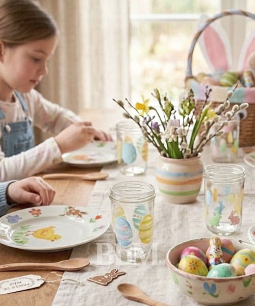 activite de paques en famille vaisselle customise Table de Pâques décorée avec vaisselle customisée par des enfants