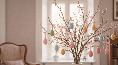 ALT Arbre de Pâques décoratif avec œufs pastel suspendus dans un salon lumineux ambiance vintage