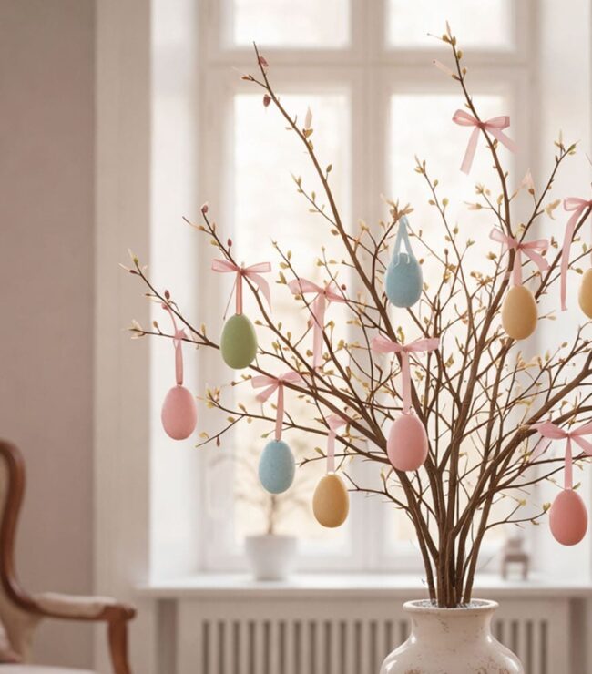 ALT Arbre de Pâques décoratif avec œufs pastel suspendus dans un salon lumineux ambiance vintage