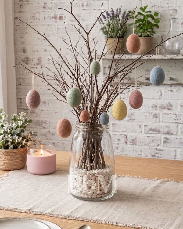 arbre de paques printemps maison decoration oeuf laine bebymaman Arbre de Pâques avec œufs décoratifs en laine pastel suspendus sur des branches