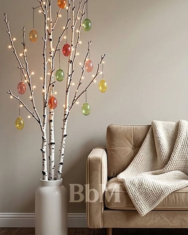 arbre de paques printemps maison decoration oeufs verre bebymaman Arbre de Pâques avec branches de bouleau décorées d’œufs en verre colorés et guirlande lumineuse