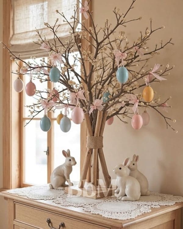arbre de paques printemps maison decoration retro chic bebymaman Arbre de Pâques rétro chic avec œufs pastel suspendus et décorations florales sur branches